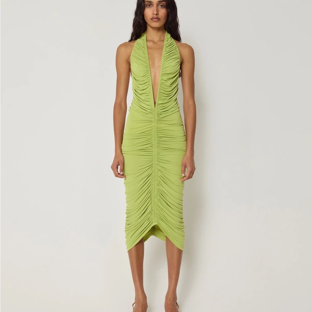 Khy green ruched halter neck midi dress